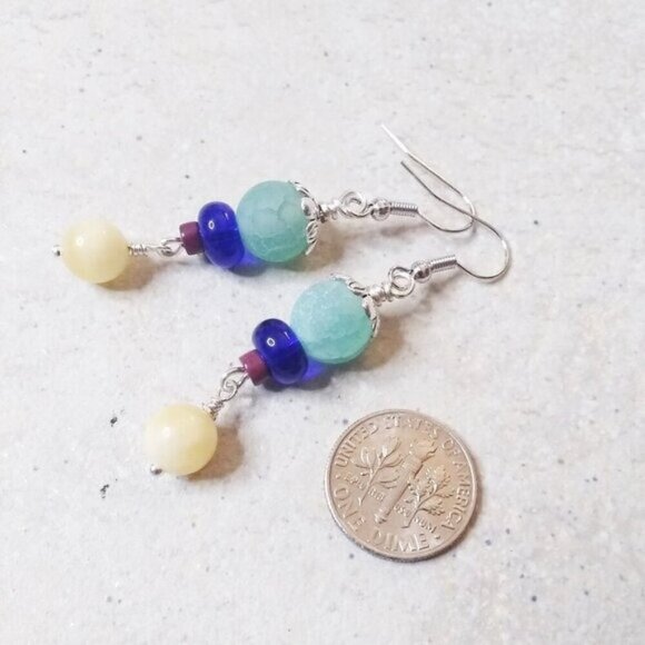 One-of-a-kind! Agate Citrine + Jasper Dangle Earrings! Vibrant Summer Colors! - Picture 1 of 6